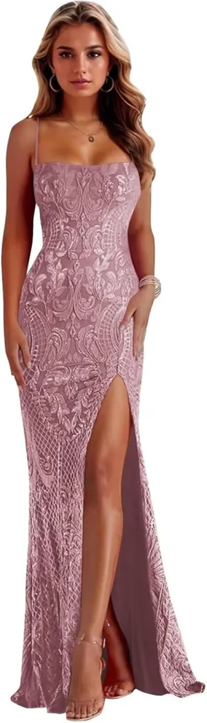 Basgute Mermaid Sequin Lace Prom Dresses for Women Sparkly Slit Long Corset Formal Evening Party Gown