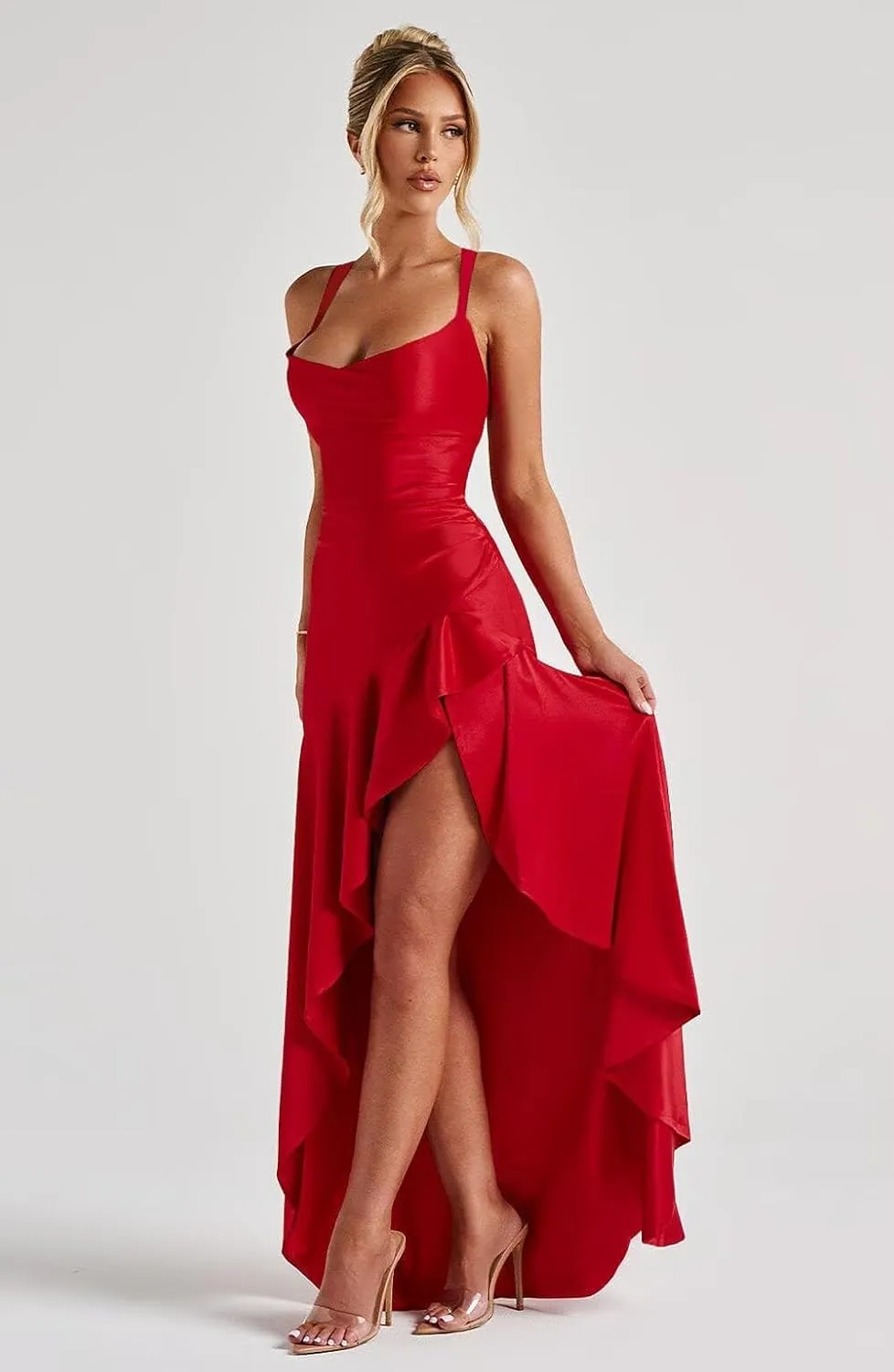 Basgute Satin Ruffles Prom Dresses for Teens Slit Long Corset Mermaid High-Low Formal Evening Gown for Women