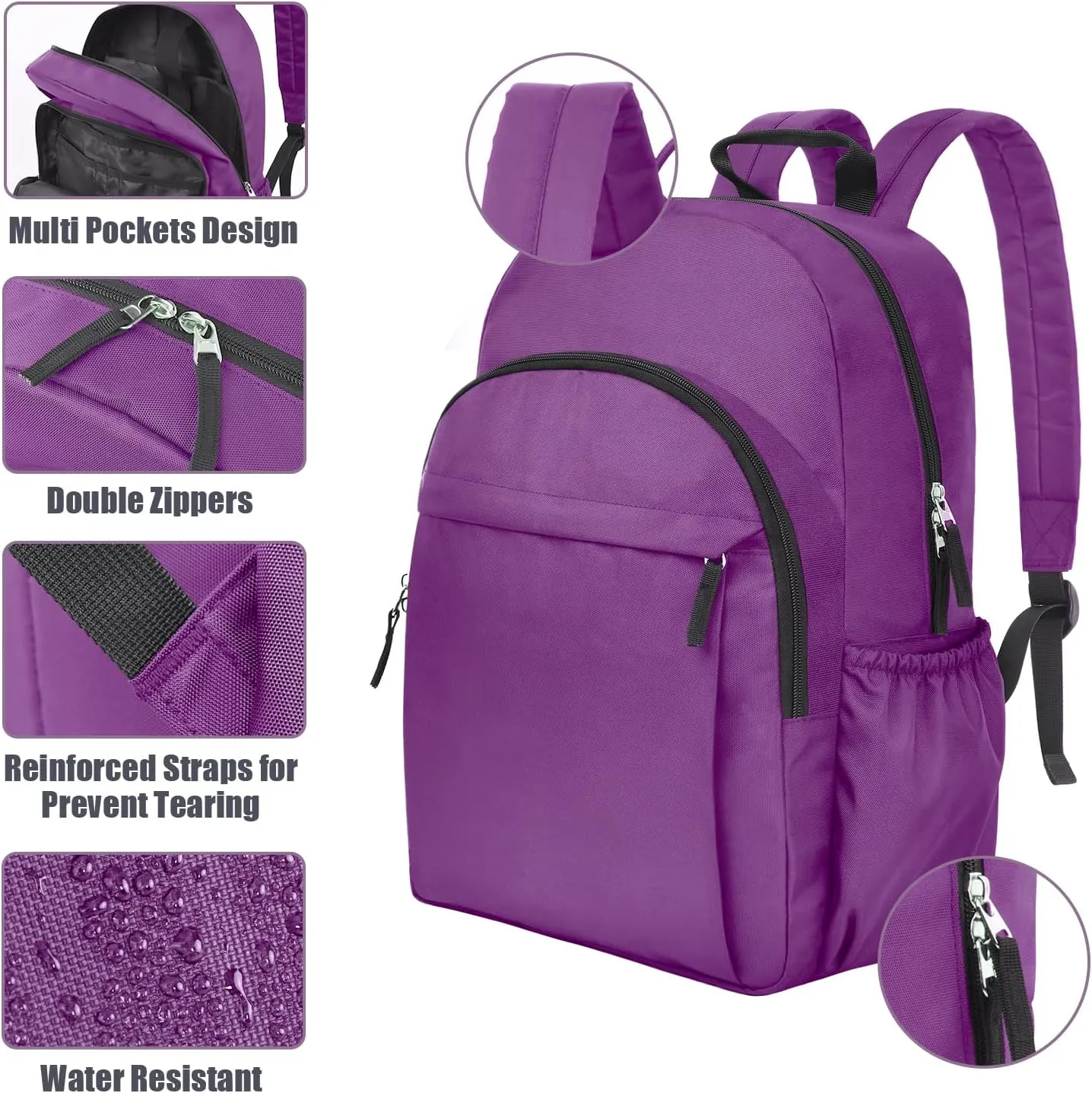 Basic Purple Backpack for School, Water Resistant Bookbag for Girls & Boys, Travel & Work Backpack for Women & College Students