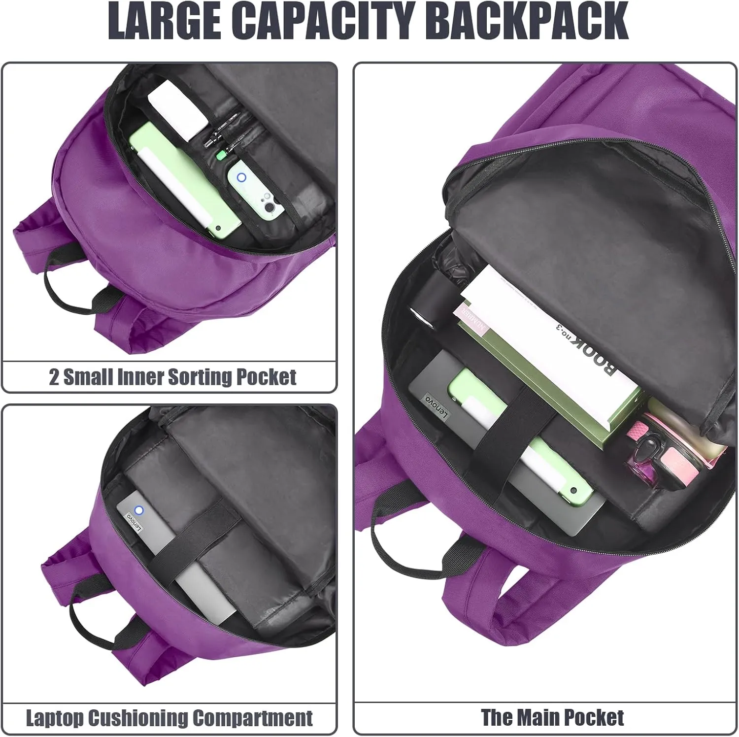 Basic Purple Backpack for School, Water Resistant Bookbag for Girls & Boys, Travel & Work Backpack for Women & College Students