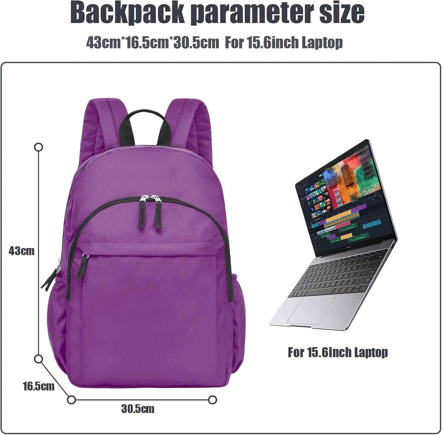 Basic Purple Backpack for School, Water Resistant Bookbag for Girls & Boys, Travel & Work Backpack for Women & College Students