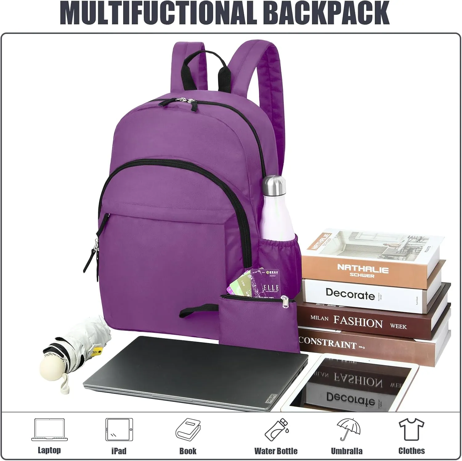 Basic Purple Backpack for School, Water Resistant Bookbag for Girls & Boys, Travel & Work Backpack for Women & College Students