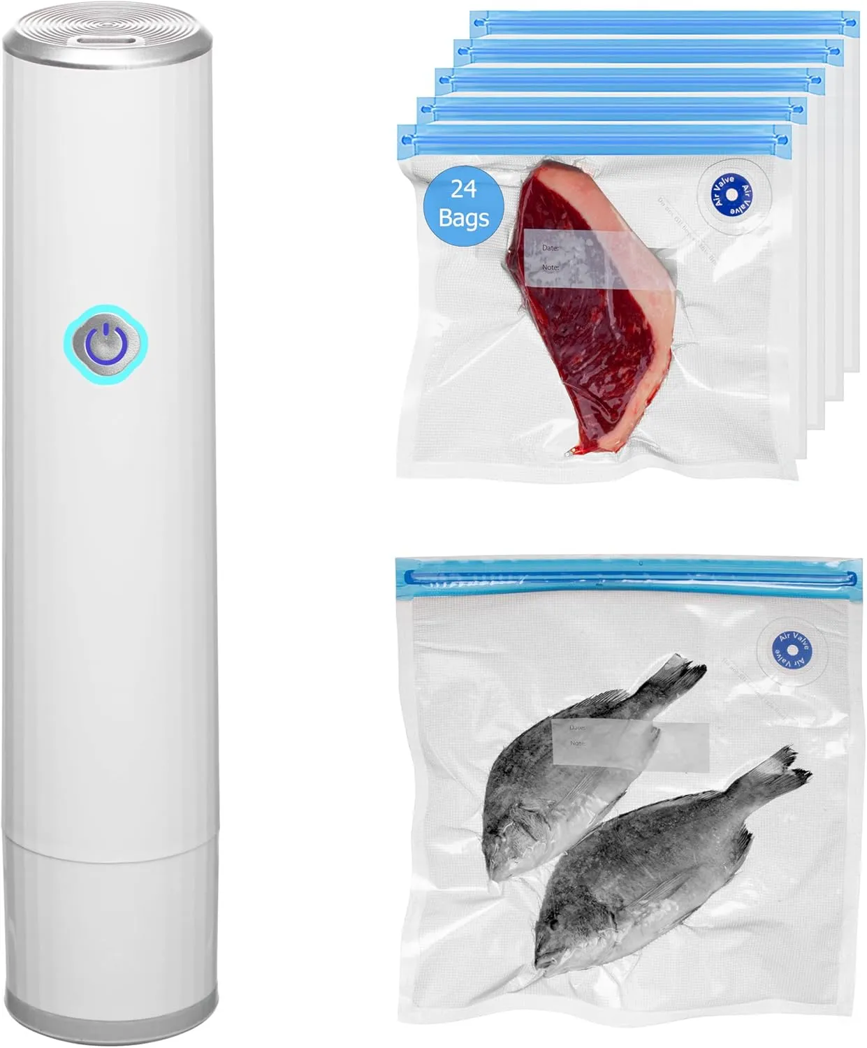 Basicwise Handheld Vacuum Sealer Machine with 24-pc Reusable Bags Food Storage Kitchen Organization Sous Vide Cooking Pantry Preservation Refrigerator Management Meal Preparation & Airtight Sealing