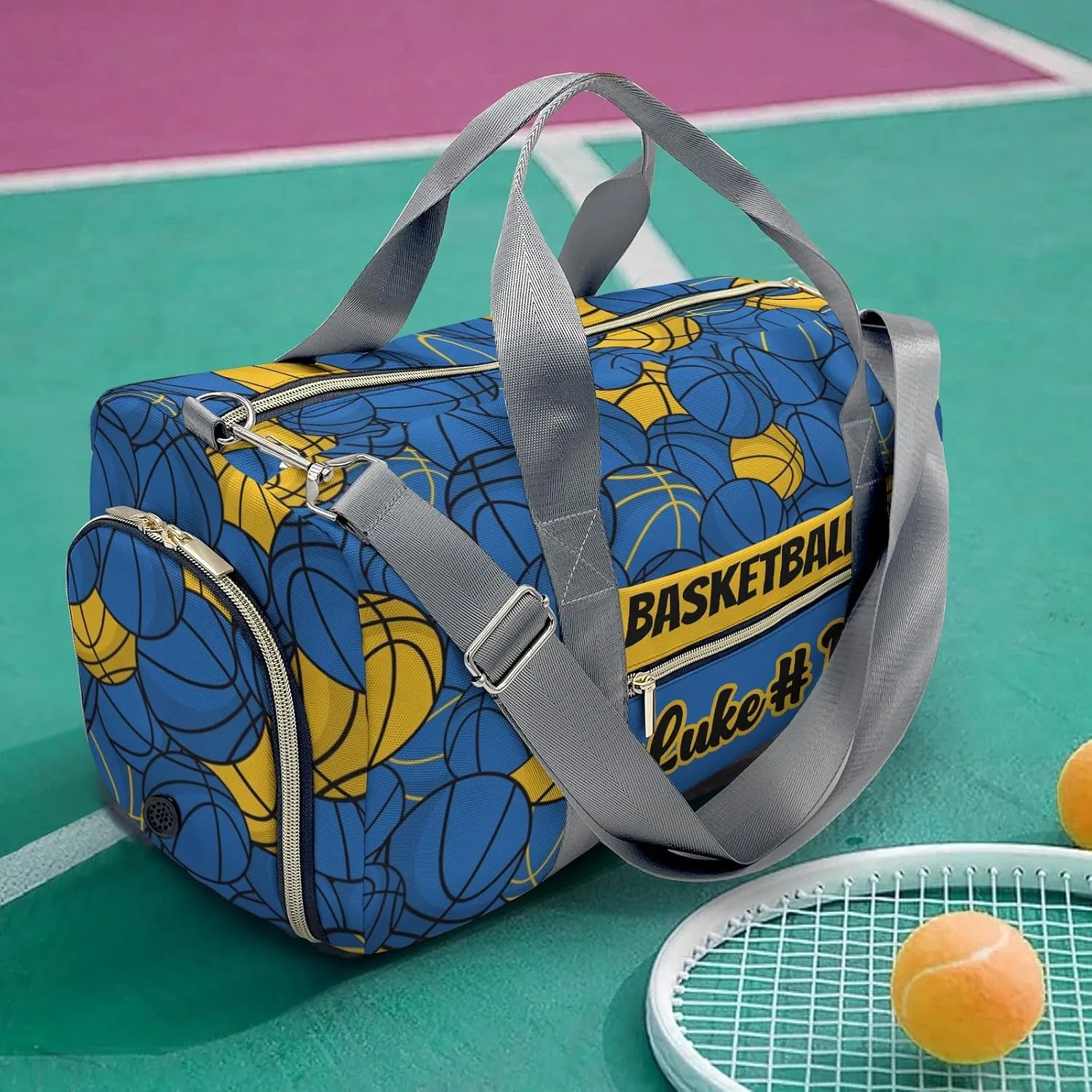 Basketball Pattern Gold Blue Customized Duffel Bags (Store Shoes) Weekender Overnight Bag Travel Bag Personalized Gift Gym Bags