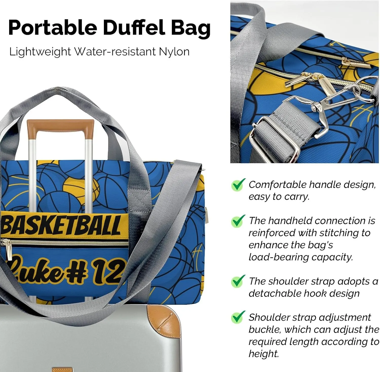 Basketball Pattern Gold Blue Customized Duffel Bags (Store Shoes) Weekender Overnight Bag Travel Bag Personalized Gift Gym Bags