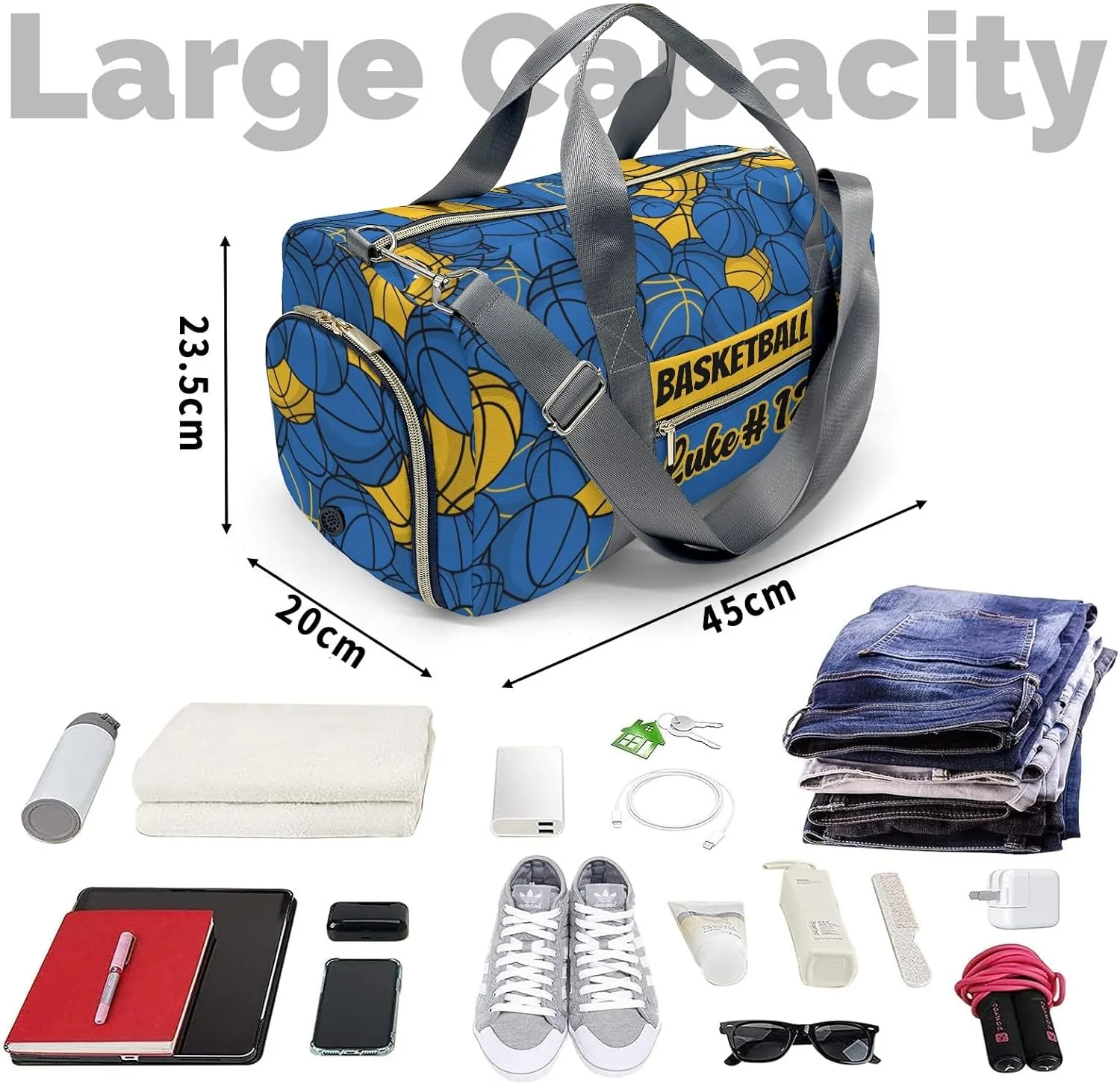 Basketball Pattern Gold Blue Customized Duffel Bags (Store Shoes) Weekender Overnight Bag Travel Bag Personalized Gift Gym Bags