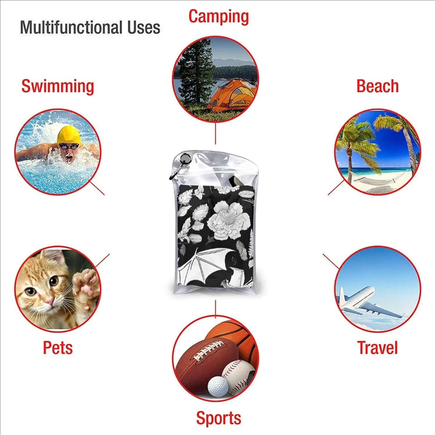 Bat Print Premium Compact Microfiber Travel Towel-Featherlight & Quick Dry,Sand-Resistant Beach Towel for Swimming,Camping,Vacation Essentials with Carry Pouch