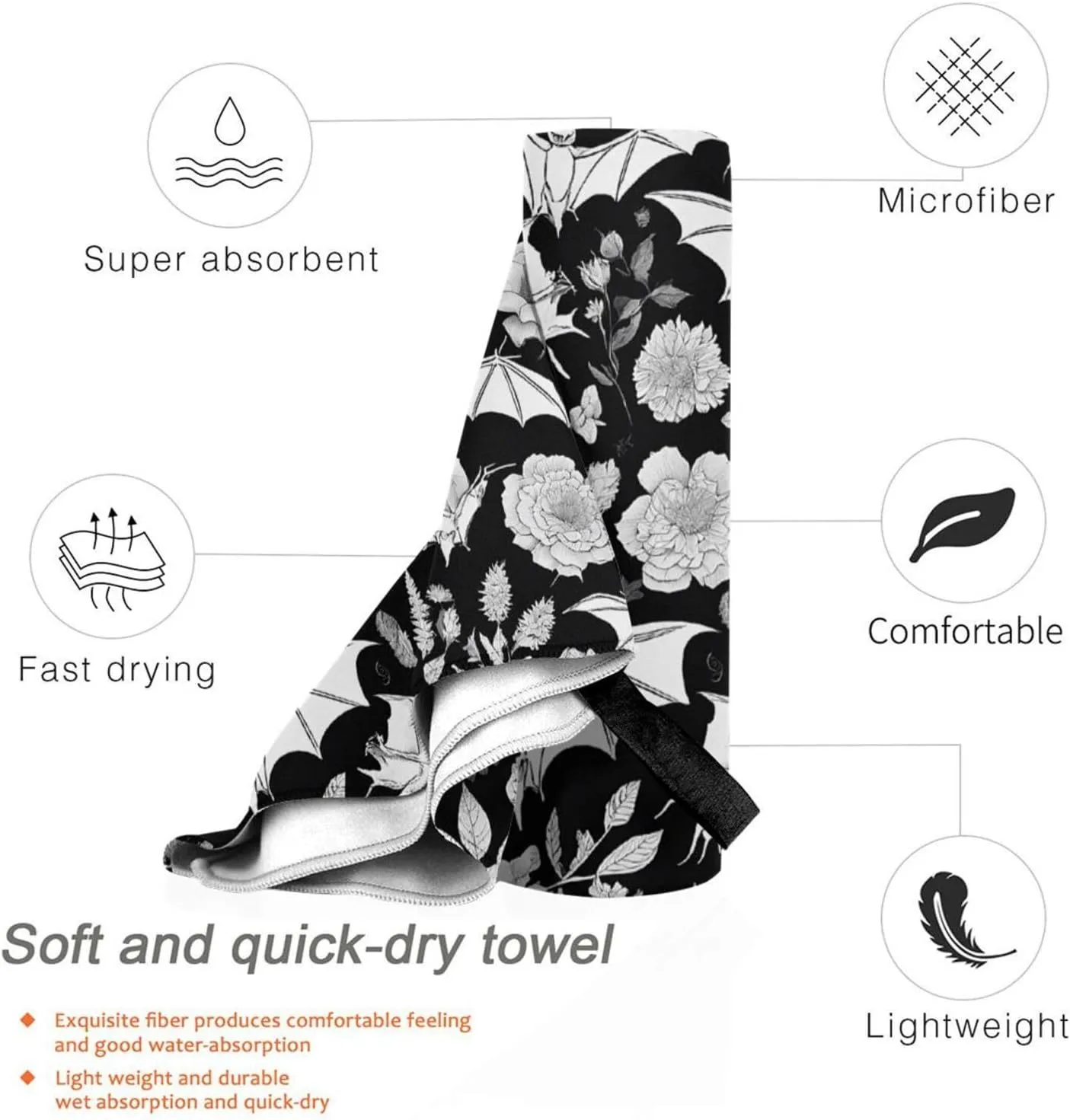 Bat Print Premium Compact Microfiber Travel Towel-Featherlight & Quick Dry,Sand-Resistant Beach Towel for Swimming,Camping,Vacation Essentials with Carry Pouch