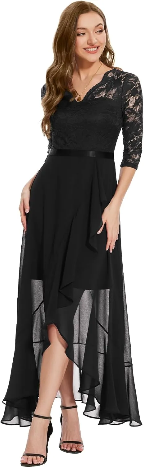Bbonlinedress Women's V-Neck Dress for Women Wedding Guest Hi-Lo Floral Lace Prom Cocktail Party Formal Bridesmaid Dress