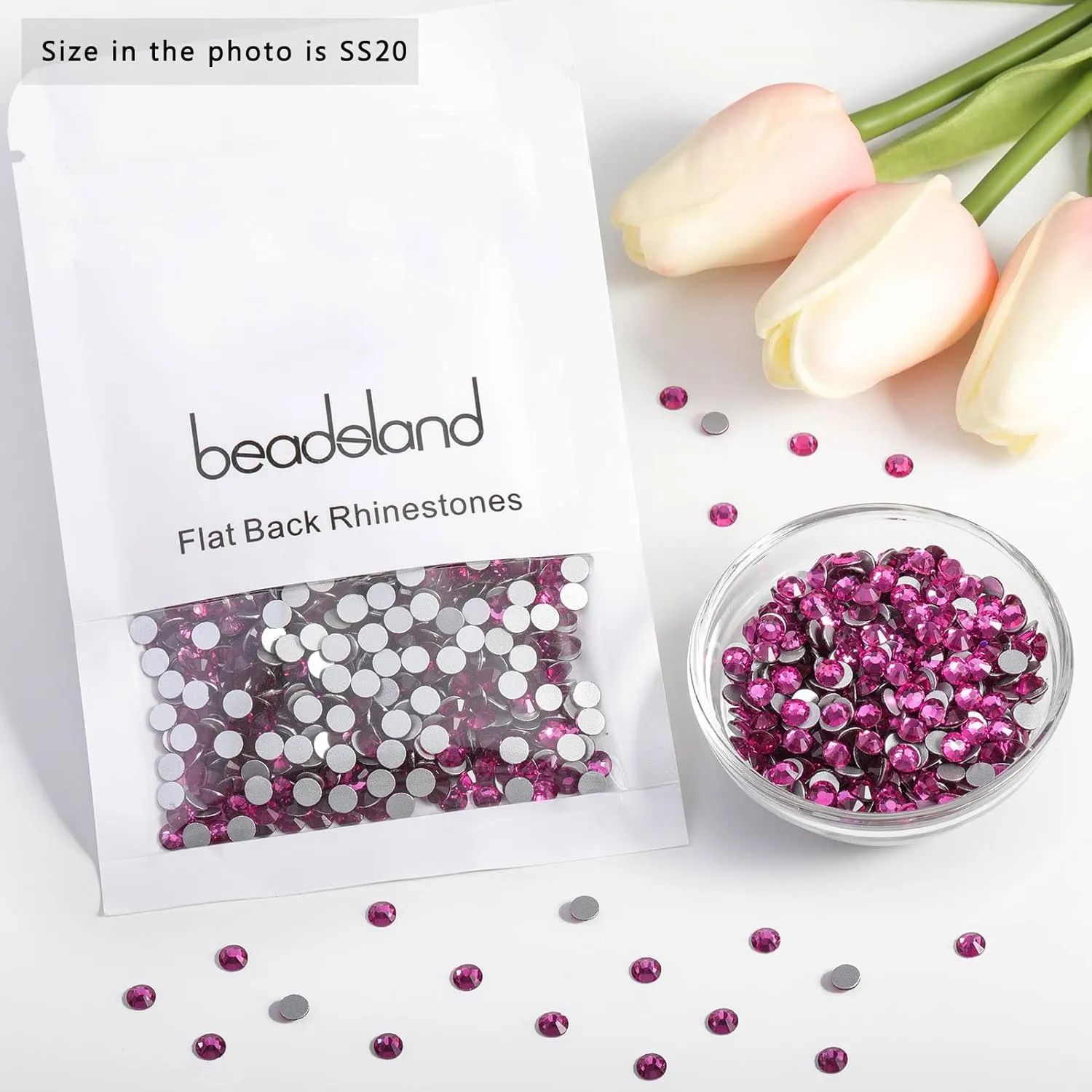 Beadsland 2880pcs Flat Back Crystal Rhinestones Round Gems for Nail Art and Craft Glue Fix,Fuchsia,SS20,4.6-4.8mm