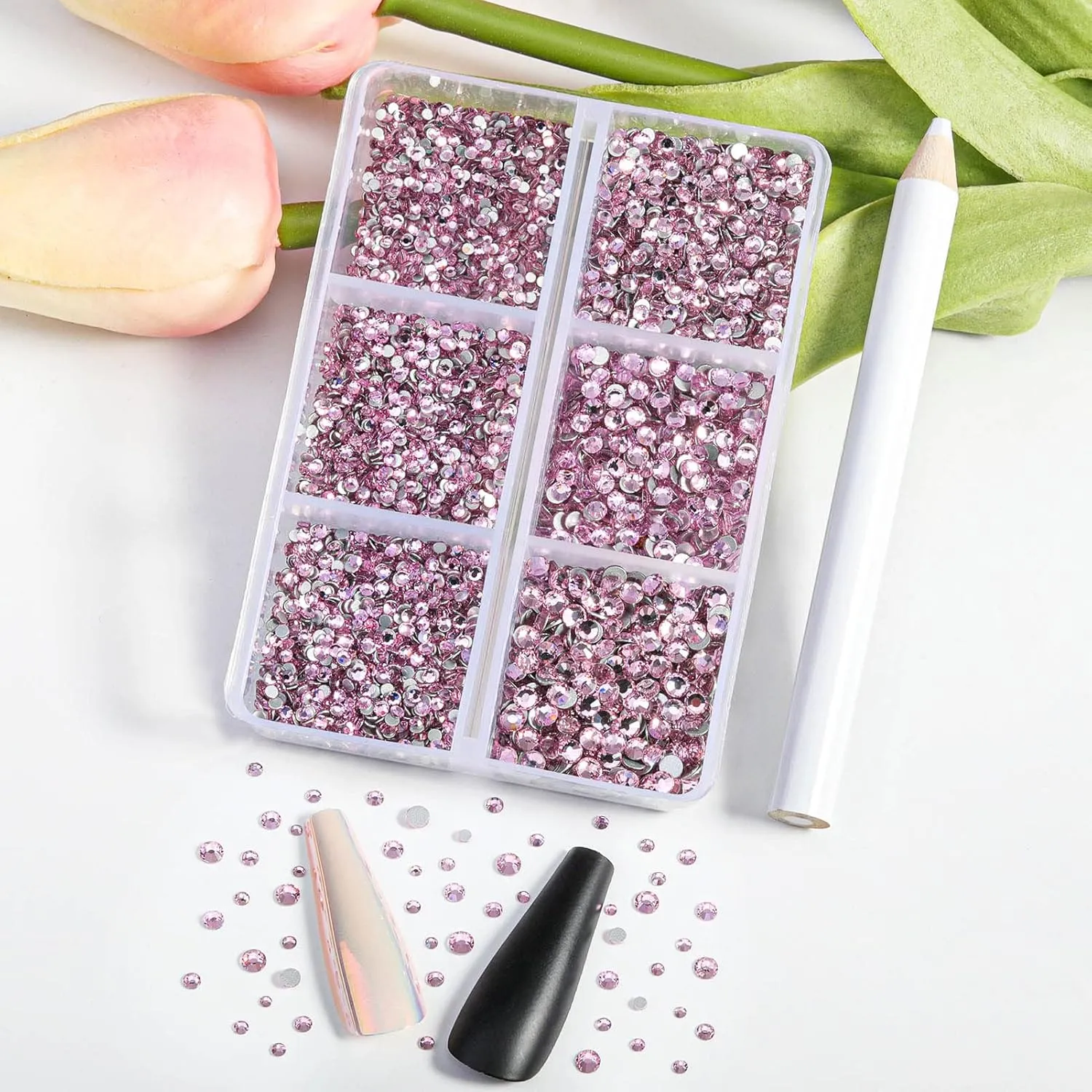 Beadsland 7200pcs Flatback Rhinestones, Pink Nail Gems Round Crystal Rhinestones for Crafts, Mixed 6 Sizes with Wax Pencil Kit, SS3-SS10, Light Rose/Light Pink