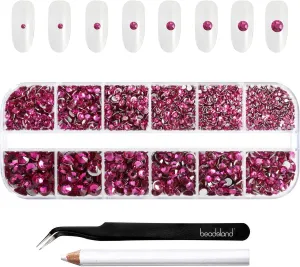 Beadsland Rhinestones for Makeup,8 Sizes 2500pcs Glass Flatback Rhinestones Eye Gems for Nails Crafts with Tweezers and Wax Pencil,Fuchsia,SS4-SS30
