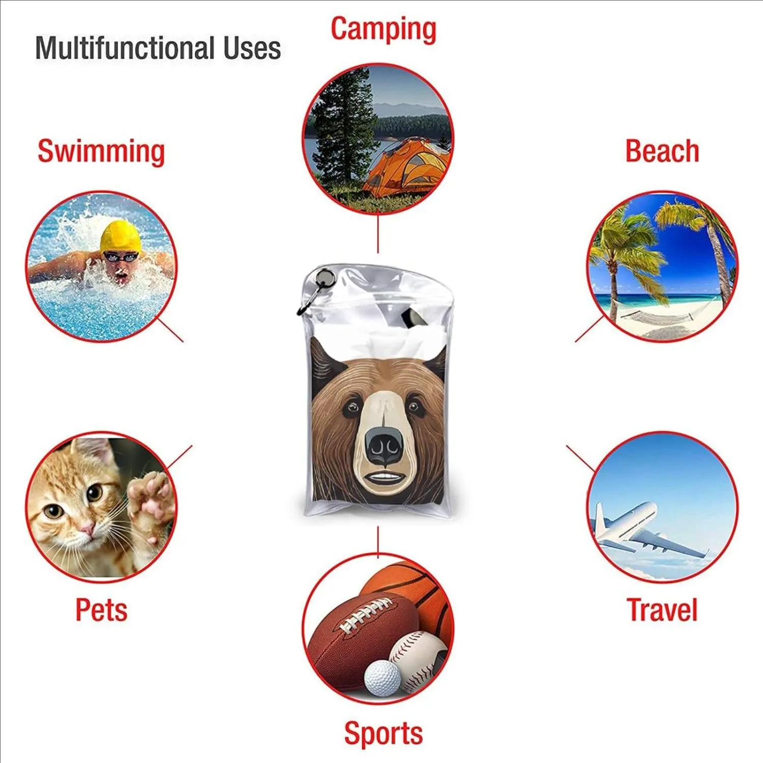 Bear Print Premium Compact Microfiber Travel Towel-Featherlight & Quick Dry,Sand-Resistant Beach Towel for Swimming,Camping,Vacation Essentials with Carry Pouch