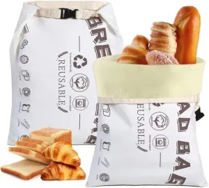 Beeswax Bread Bags for Sourdough - 2 Pack Organic Cotton Eco-Friendly Bread Storage for Homemade Loaves, Baguettes Washable & Durable Food-Grade Linen Generous 13"x17" size (white)