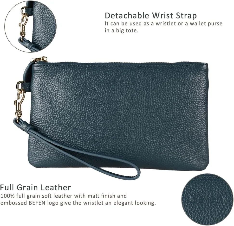 befen Women's Genuine Italian Leather Wristlet Clutch Wallet Purse, Gold Zipper