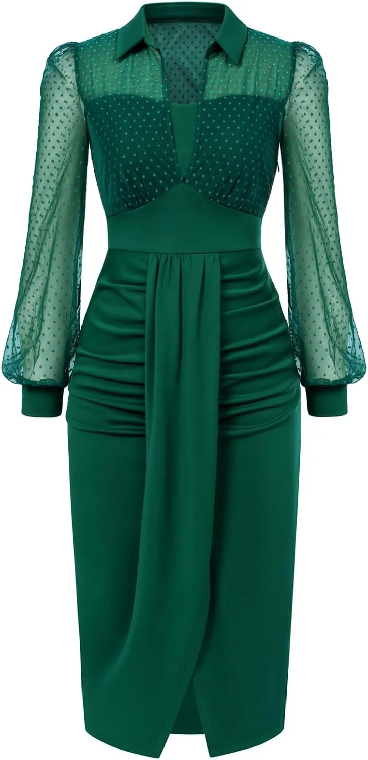 Belle Poque Womens Vintage Dress Mesh Long Sleeve Dress Ruched Dress for Work