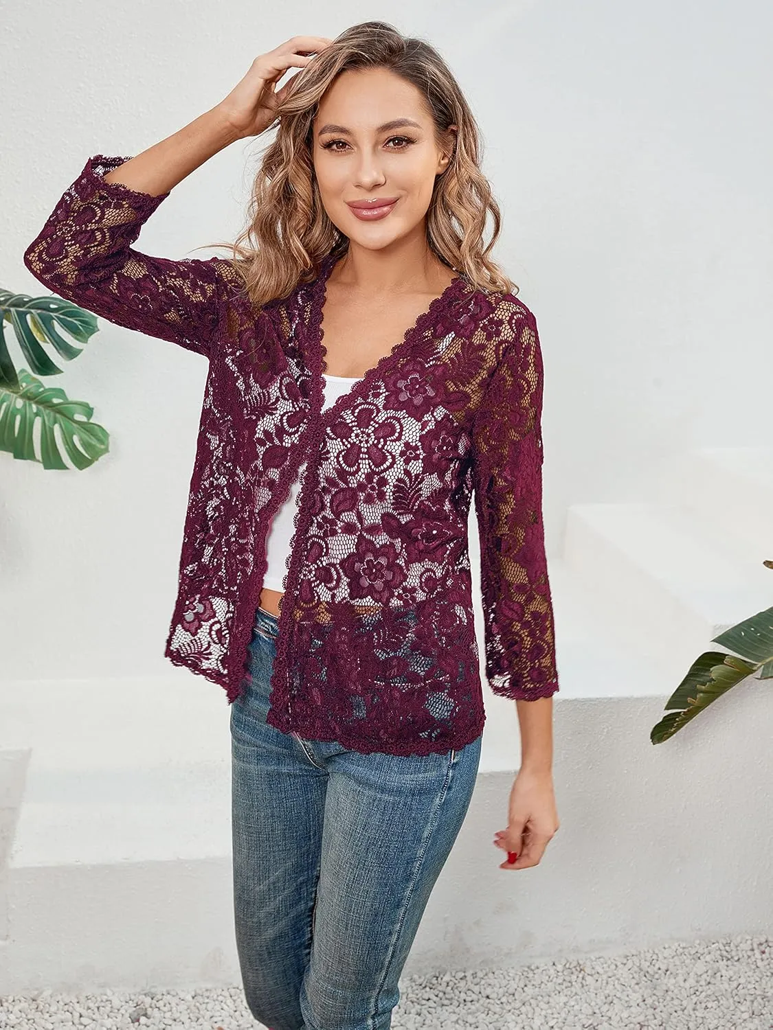 BENANCY Women's 3/4 Sleeve Bolero Shrugs Crochet Lace Open Cardigan