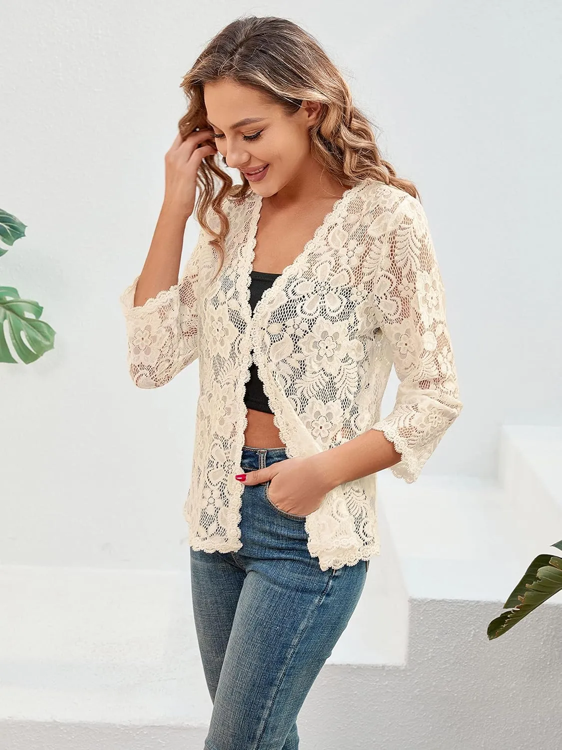BENANCY Women's 3/4 Sleeve Bolero Shrugs Crochet Lace Open Cardigan