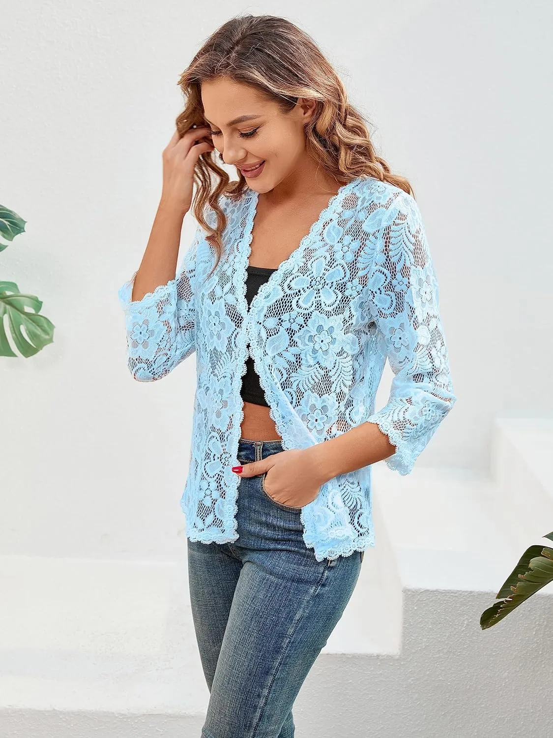 BENANCY Women's 3/4 Sleeve Bolero Shrugs Crochet Lace Open Cardigan