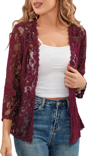 BENANCY Women's 3/4 Sleeve Bolero Shrugs Crochet Lace Open Cardigan
