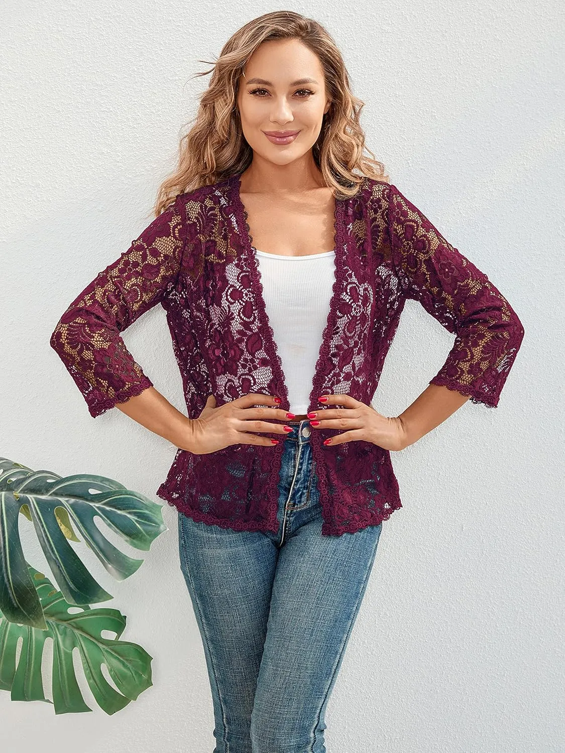 BENANCY Women's 3/4 Sleeve Bolero Shrugs Crochet Lace Open Cardigan