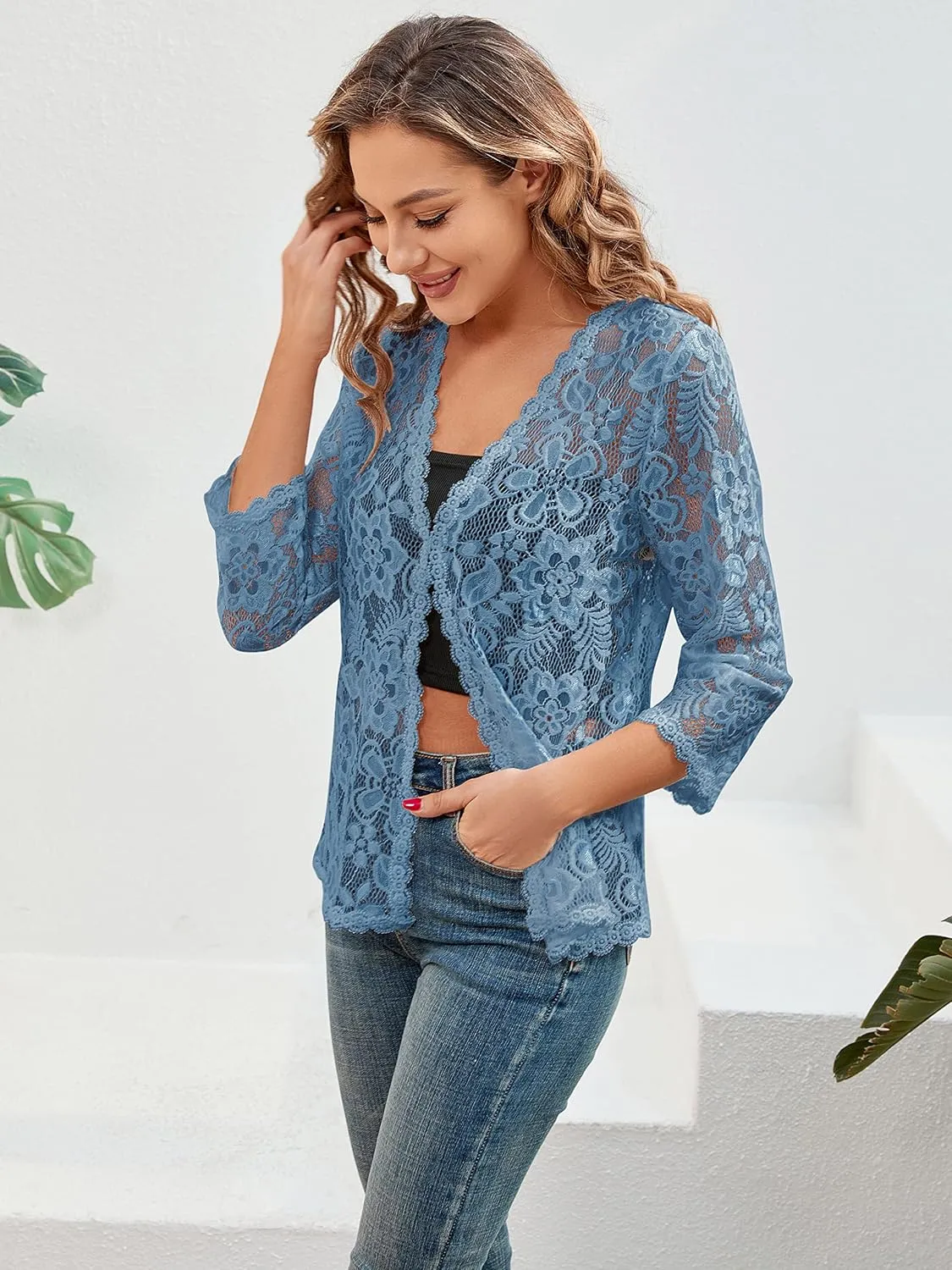 BENANCY Women's 3/4 Sleeve Bolero Shrugs Crochet Lace Open Cardigan