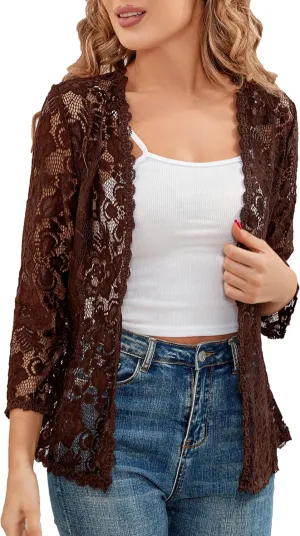 BENANCY Women's 3/4 Sleeve Bolero Shrugs Crochet Lace Open Cardigan
