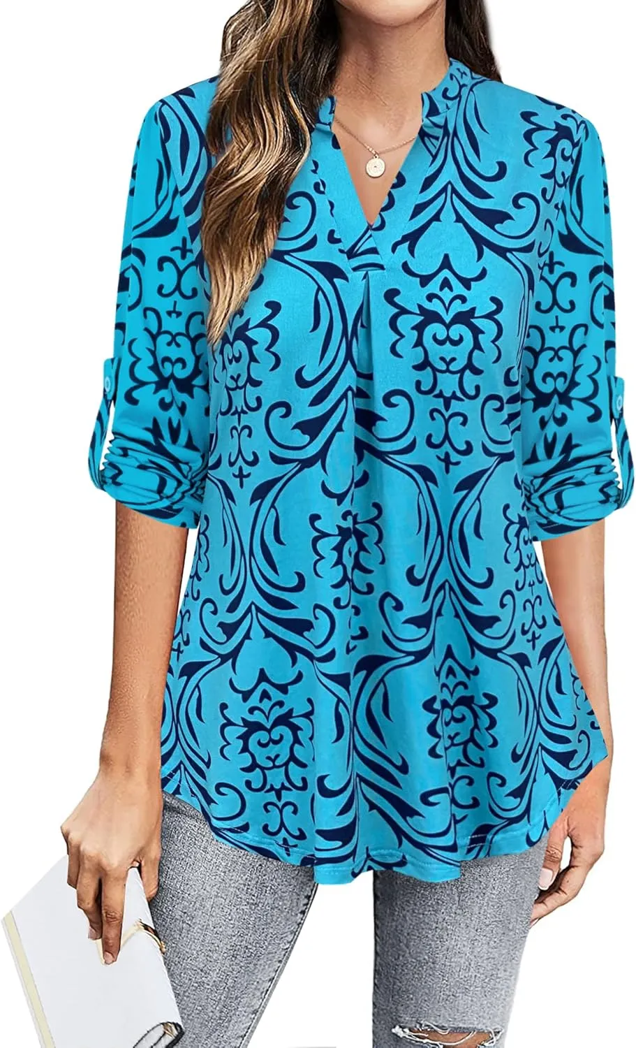 BEPEI Womens Tops Dressy Casual 3/4 Sleeve Blouses V Neck Business Work Shirts