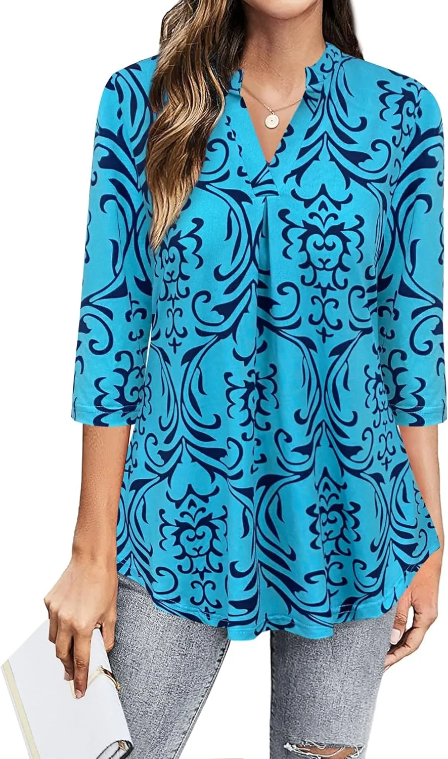 BEPEI Womens Tops Dressy Casual 3/4 Sleeve Blouses V Neck Business Work Shirts
