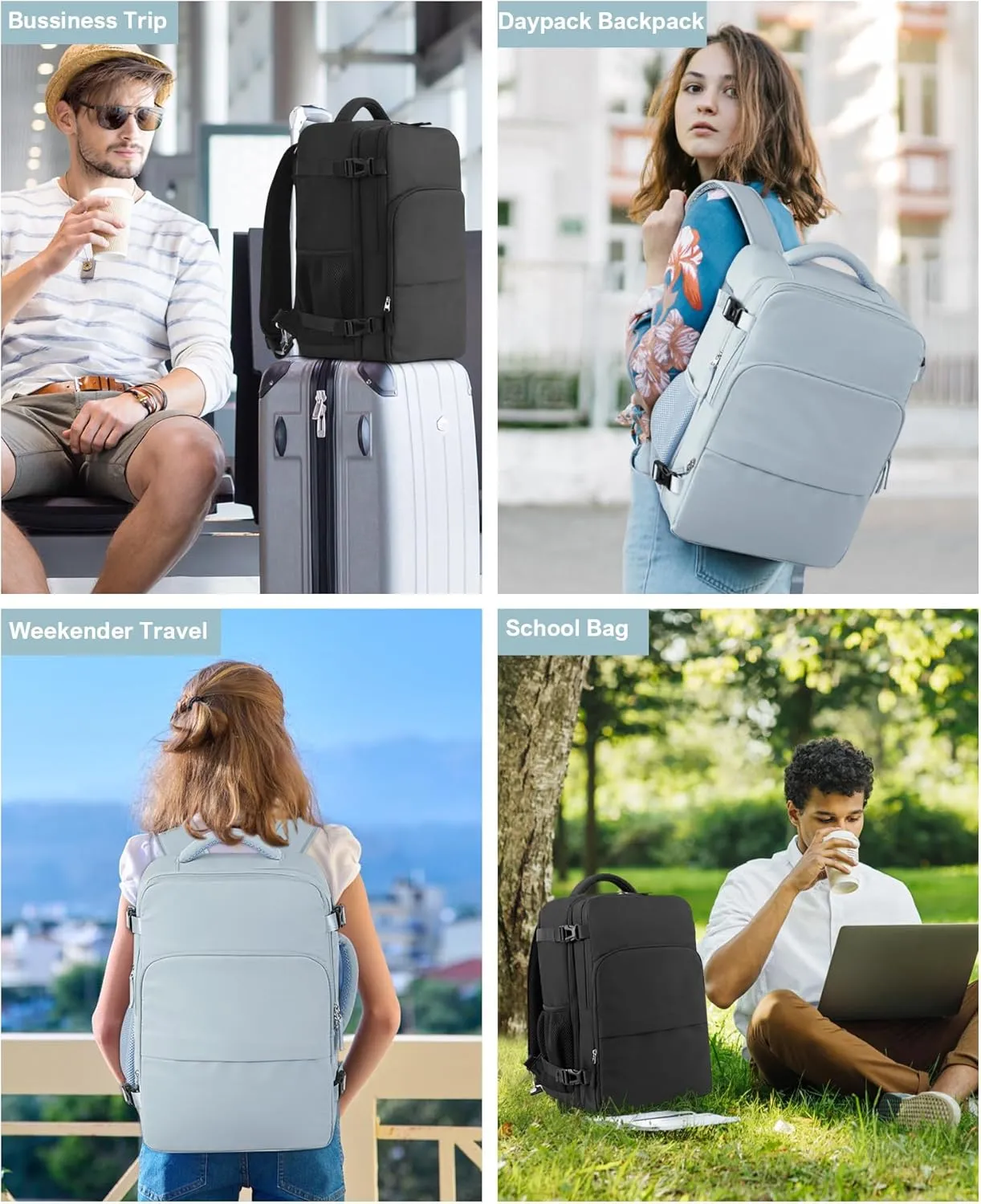 Beraliy Large Travel Backpack, Carry On Bags For Airplanes, Lightweight Personal Item Bag, Laptop Backpack, Casual Work Gym College Weekender Bag, Light blue