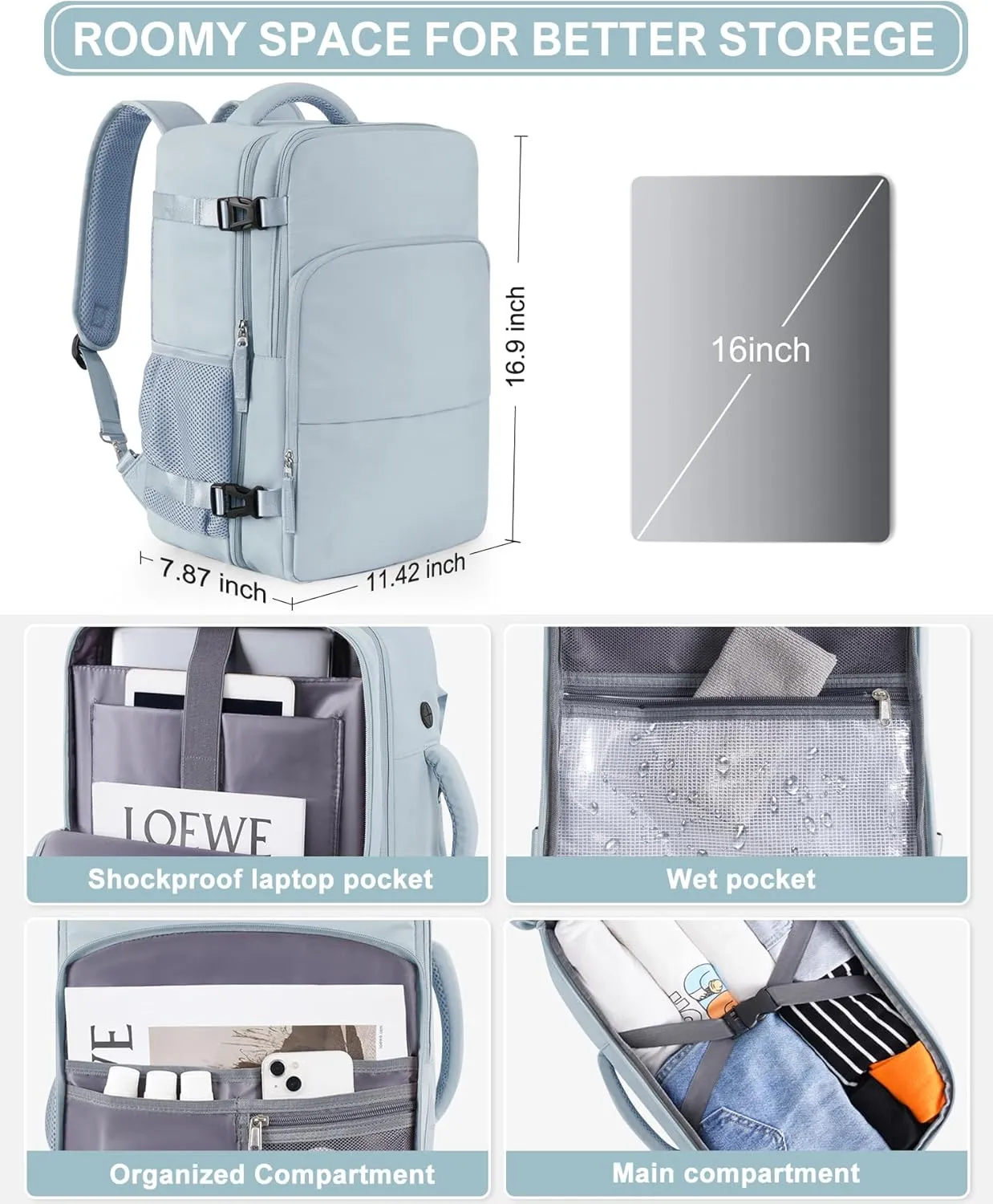 Beraliy Large Travel Backpack, Carry On Bags For Airplanes, Lightweight Personal Item Bag, Laptop Backpack, Casual Work Gym College Weekender Bag, Light blue
