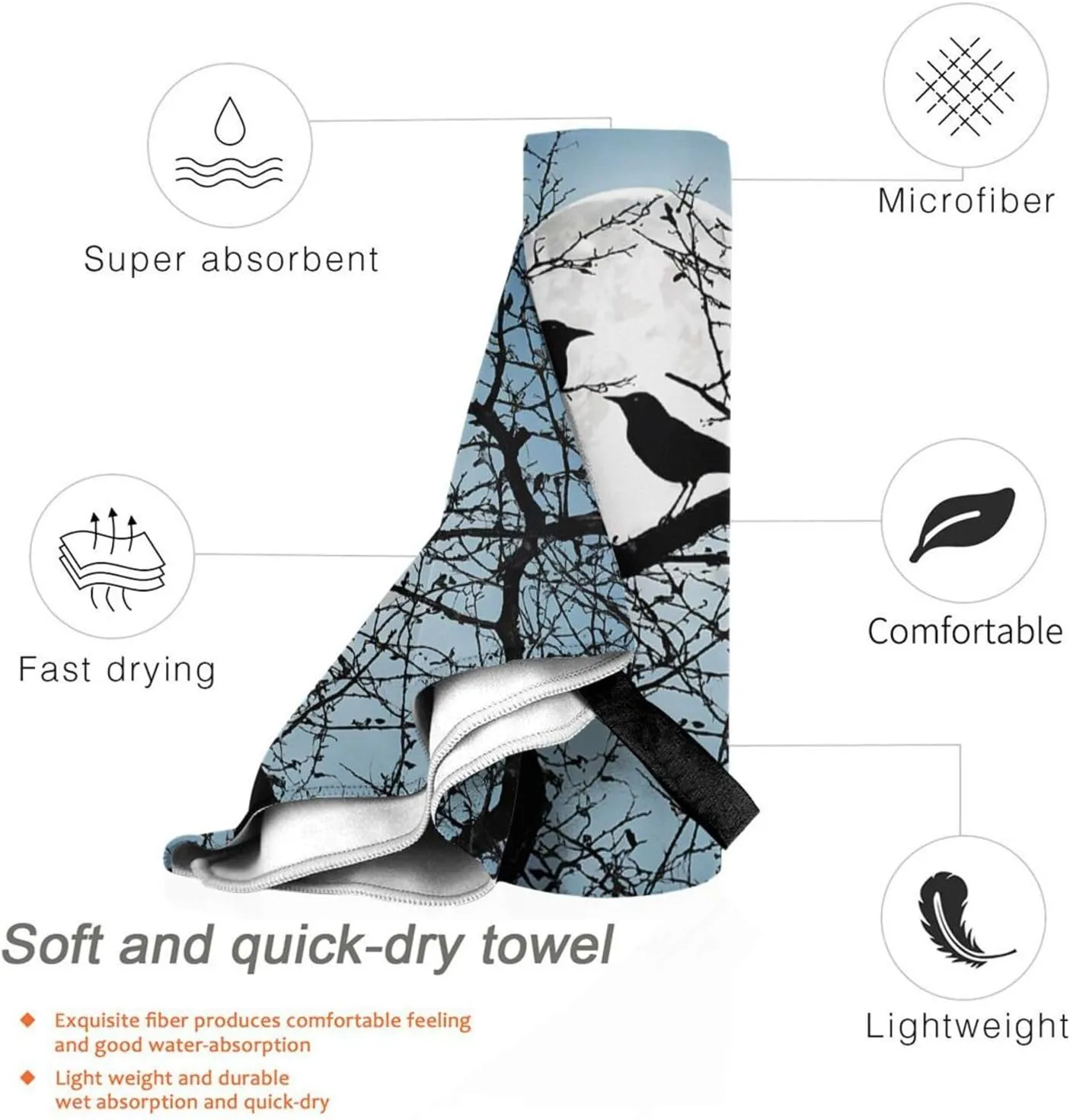 Black Crow Birds Premium Compact Microfiber Travel Towel-Featherlight & Quick Dry,Sand-Resistant Beach Towel for Swimming,Camping,Vacation Essentials with Carry Pouch
