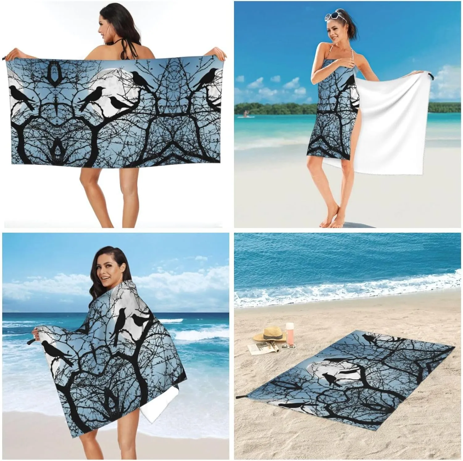Black Crow Birds Premium Compact Microfiber Travel Towel-Featherlight & Quick Dry,Sand-Resistant Beach Towel for Swimming,Camping,Vacation Essentials with Carry Pouch