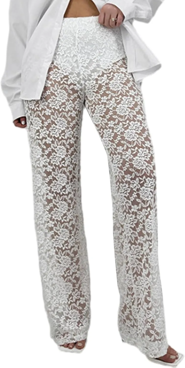 Black Lace Pants for Women Sexy Floral Rose See Through Pant Club Bottoms Hollow Out Sheer Pants