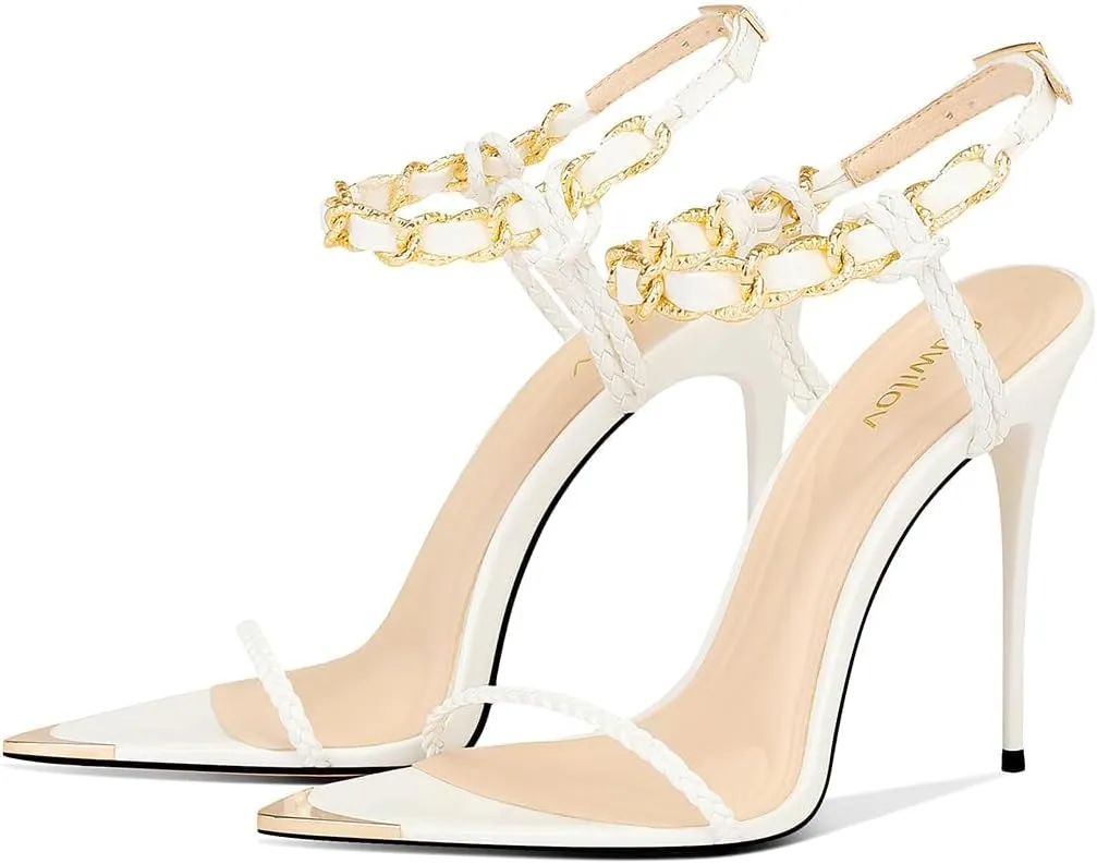 Black Pumps for Women Gold Chain Ankle Strap Open Toe Pointed Toe Stiletto High Heels for Formal Events Weddings Parties and Evening Wear