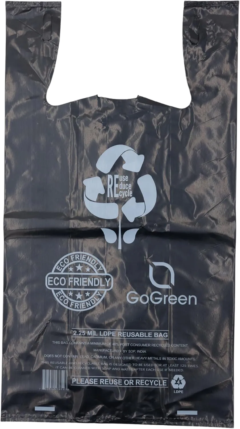 Black Reusable/Eco-Friendly LDPE T-Shirt - 1/6 BBL 11.5"X6.5"X21" - 200 Bags - 57 Micron (2.25 mil) - Black - BLKLD40REC225REUSE1221