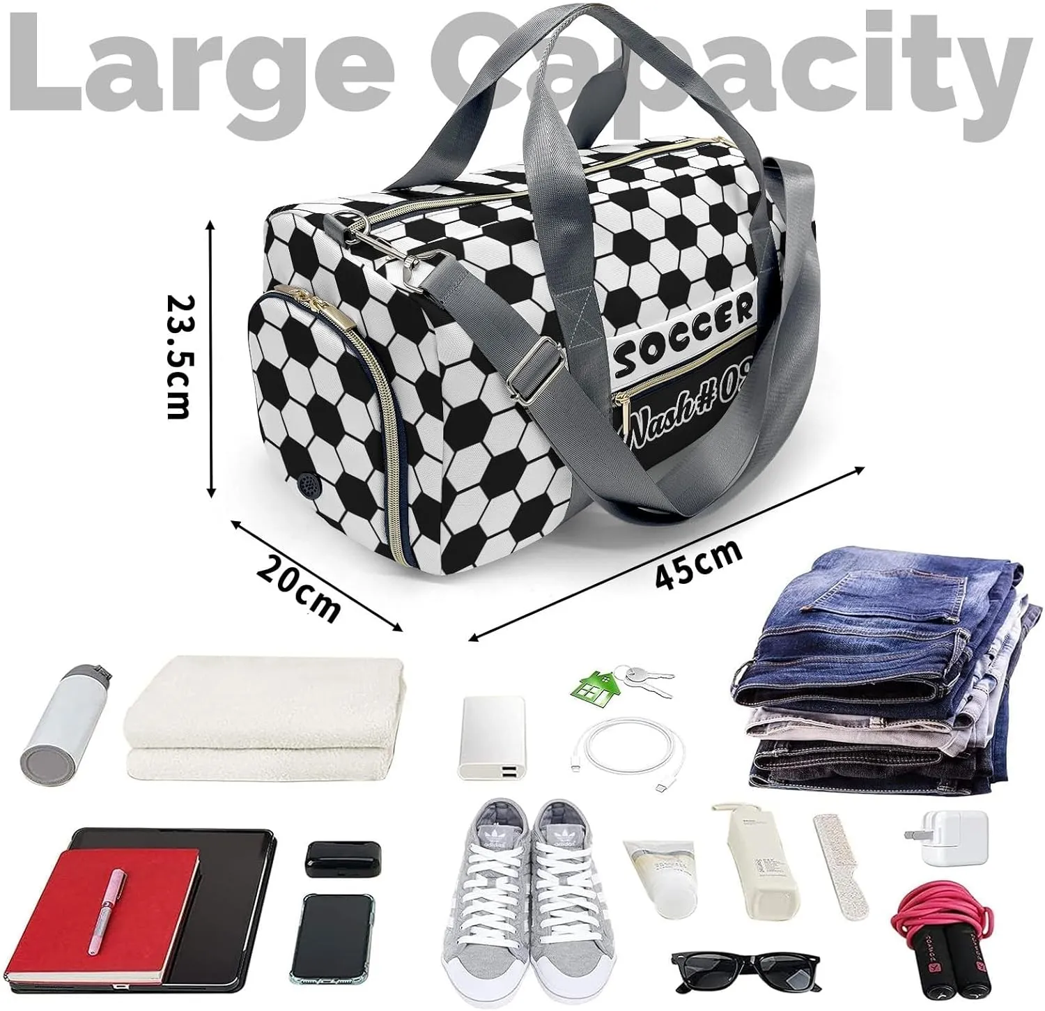Black White Soccer Print Pattern Travel Bag Customized Duffel Bags Overnight Bag Personalized Gift Gym Bags
