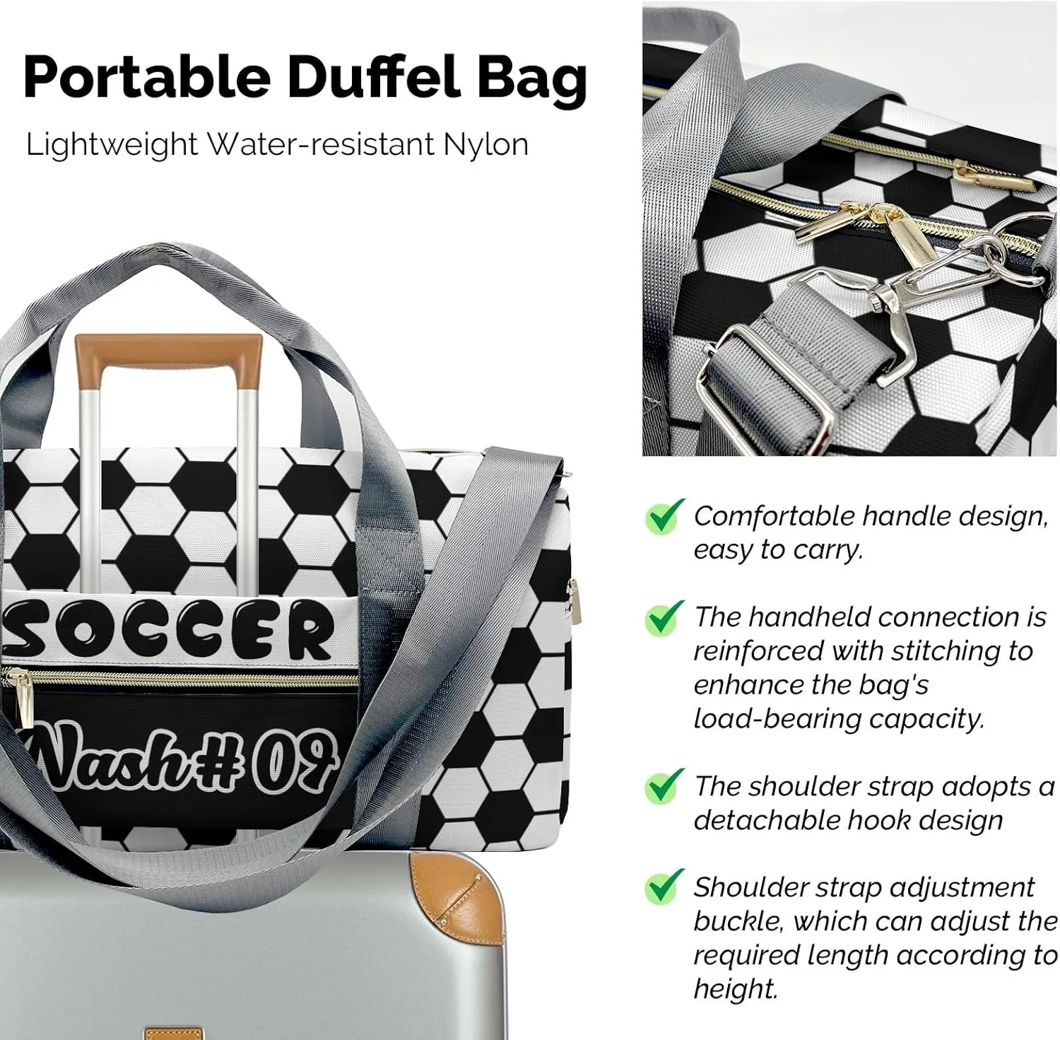 Black White Soccer Print Pattern Travel Bag Customized Duffel Bags Overnight Bag Personalized Gift Gym Bags