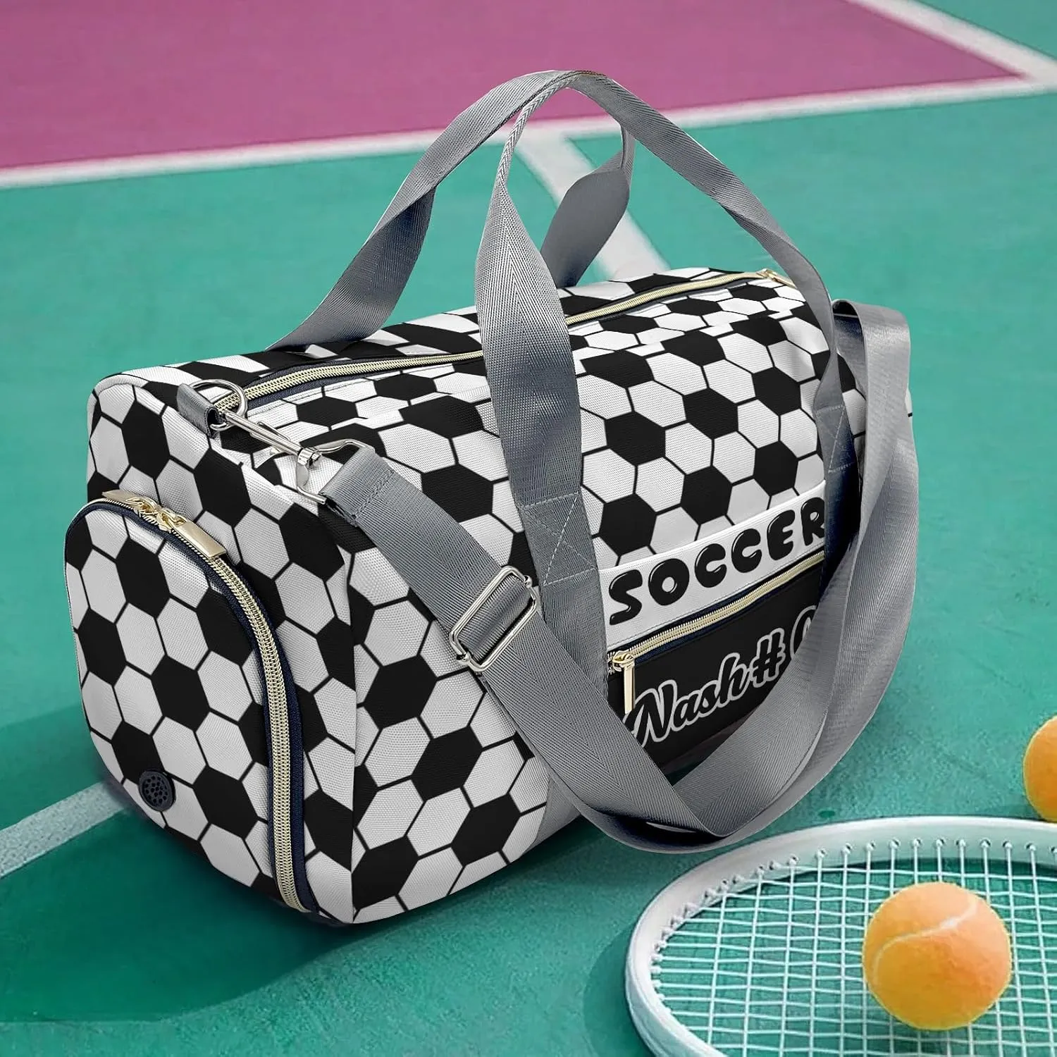 Black White Soccer Print Pattern Travel Bag Customized Duffel Bags Overnight Bag Personalized Gift Gym Bags