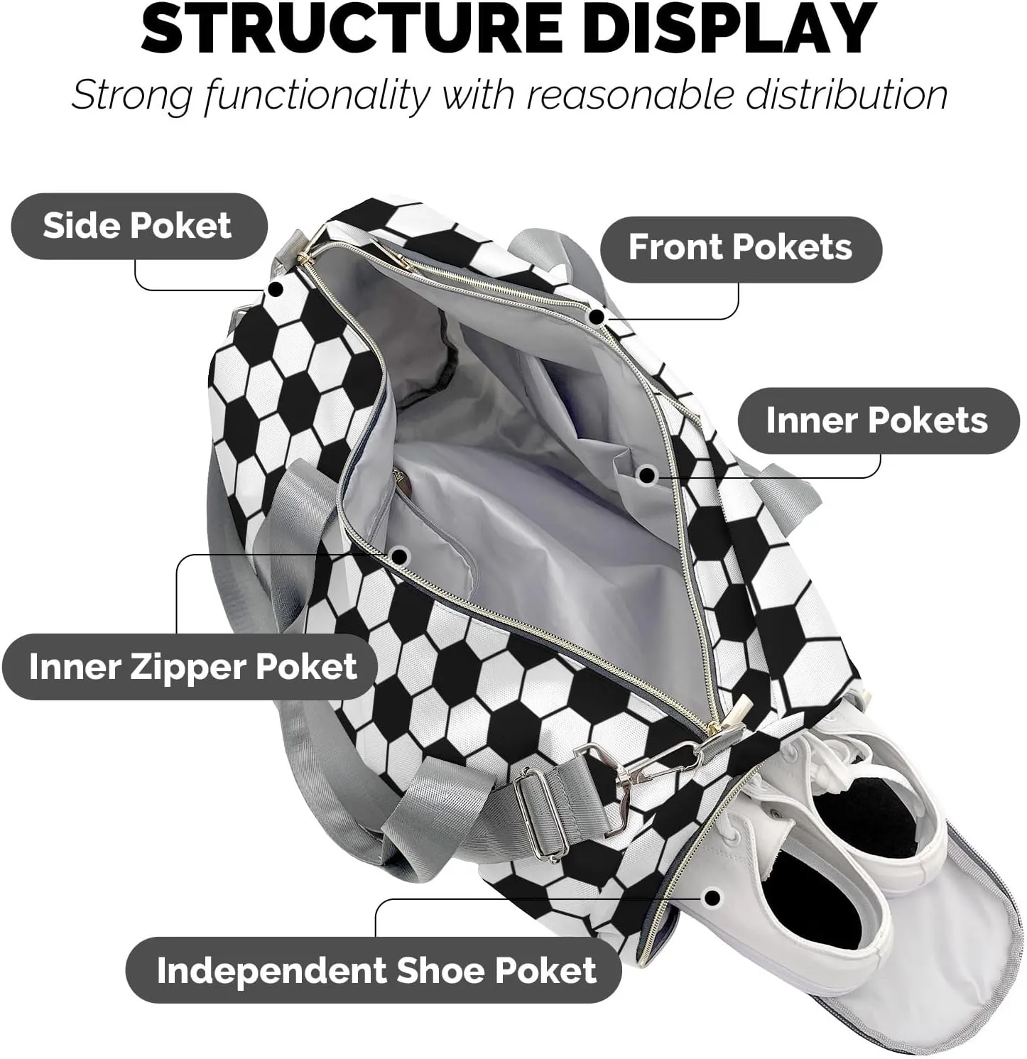 Black White Soccer Print Pattern Travel Bag Customized Duffel Bags Overnight Bag Personalized Gift Gym Bags