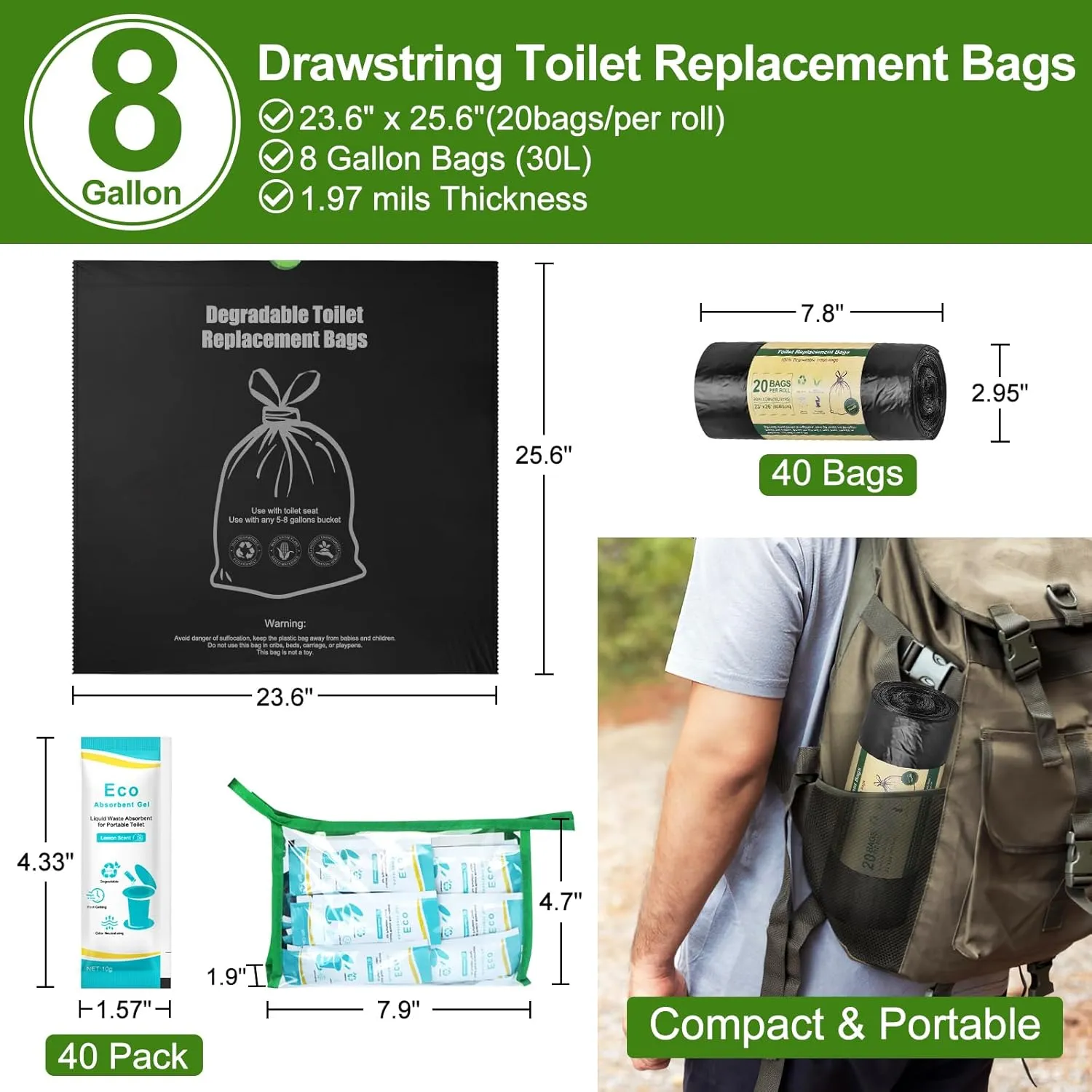 BLIKA 40pc Camping Toilet Bags Eco Absorbent Gel Set, Drawstring Portable Toilet Bags with Gel, 8 Gallon (30L) Heavy Duty 1.97 Mil, Toilet Replacement Bag with Toilet Powder for Camping Outdoor Hiking