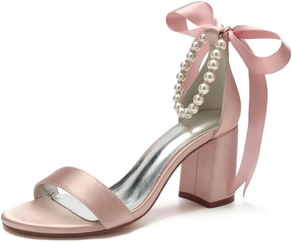 Block Heel Bridal Shoes Open Toe Pearl Heels Wedding Shoes for Bride Wedding Sandals Bride Heels