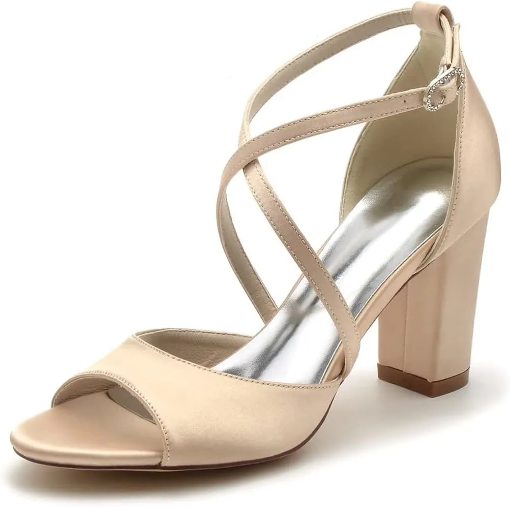Block Heel Wedding Sandals Cross Strap Chunky Heels for Bride Evening Shoes for Women Formal