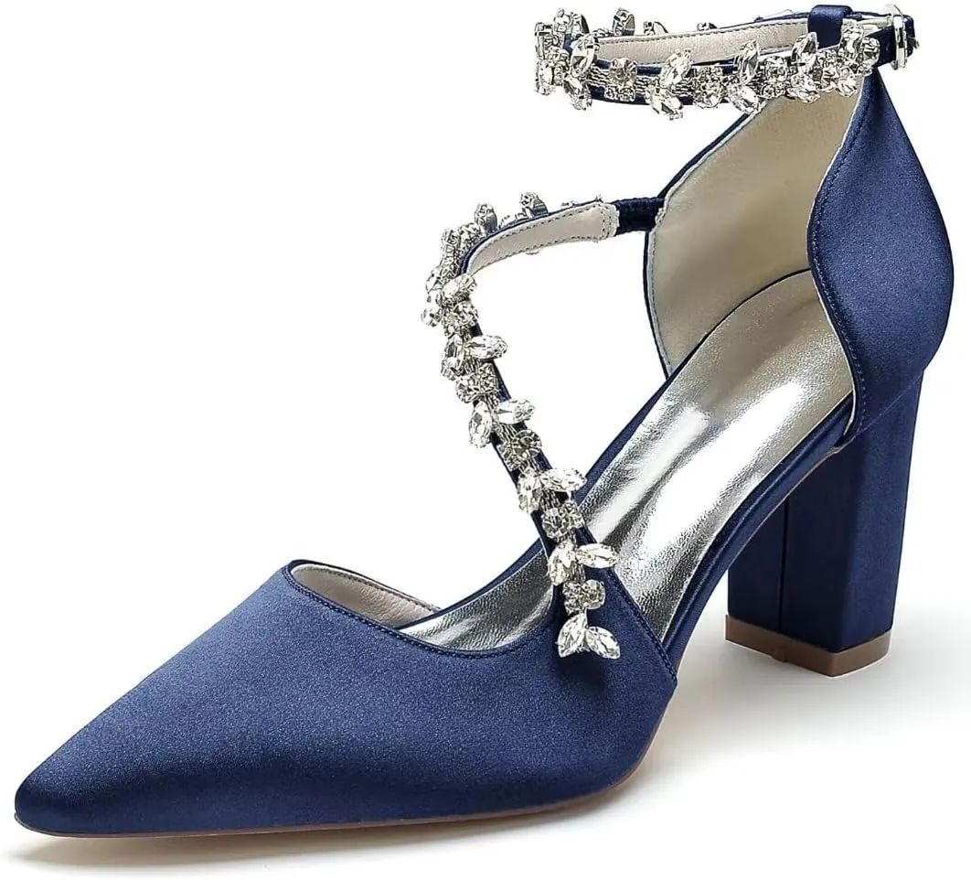 Block Heel Wedding Shoes for Bride Pointed Toe Rhinestones Strappy Bridal Heels Evening Formal Dress Shoes
