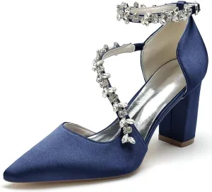 Block Heel Wedding Shoes for Bride Pointed Toe Rhinestones Strappy Bridal Heels Evening Formal Dress Shoes