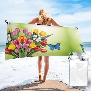 Blue Butterfly and Flowers Premium Compact Microfiber Travel Towel-Featherlight & Quick Dry,Sand-Resistant Beach Towel for Swimming,Camping,Vacation Essentials with Carry Pouch
