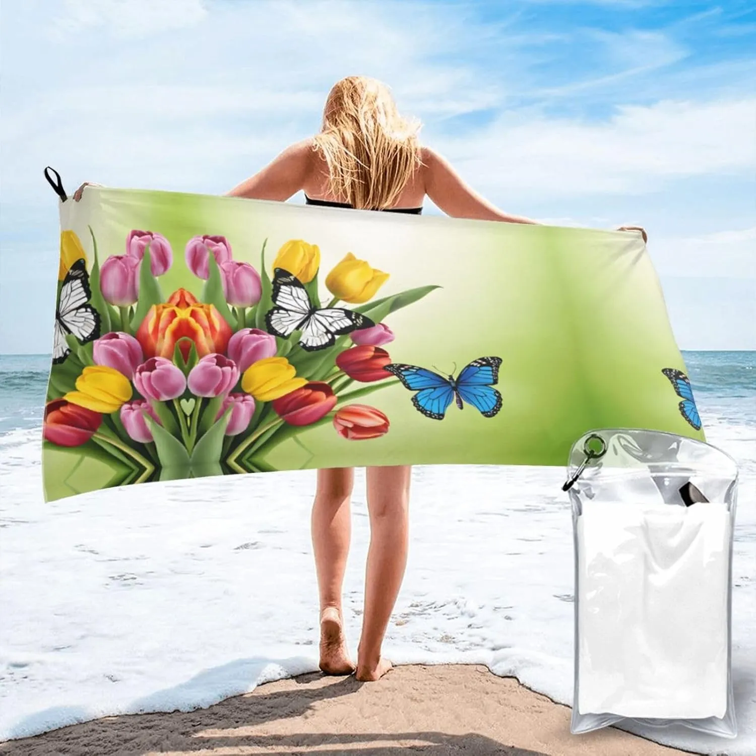 Blue Butterfly and Flowers Premium Compact Microfiber Travel Towel-Featherlight & Quick Dry,Sand-Resistant Beach Towel for Swimming,Camping,Vacation Essentials with Carry Pouch