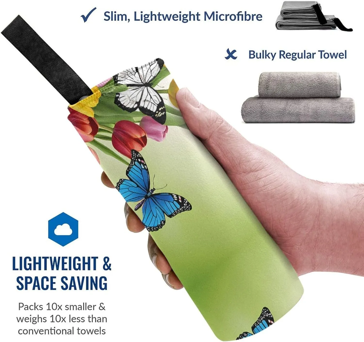 Blue Butterfly and Flowers Premium Compact Microfiber Travel Towel-Featherlight & Quick Dry,Sand-Resistant Beach Towel for Swimming,Camping,Vacation Essentials with Carry Pouch