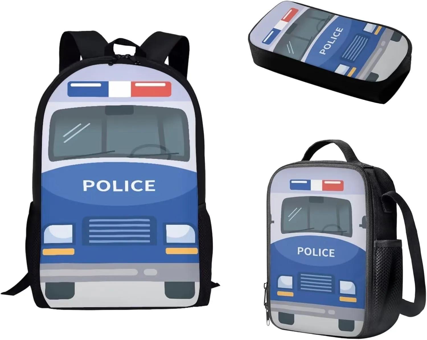 Blue Police Bus Backpack Set with Lunch Bag and Pencil Bag Cartoon Police Car Backpack for Kids Lightweight Bookbag for Boys and Girls Primary Middle School Students Schoolbag Set