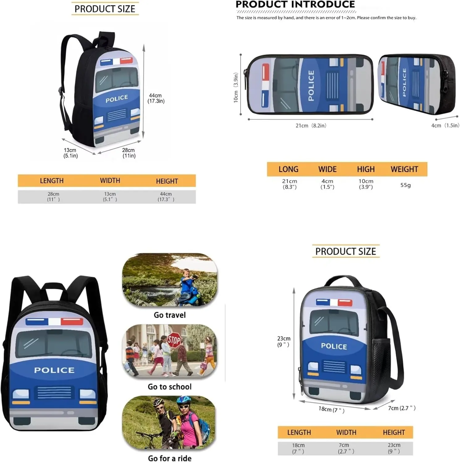 Blue Police Bus Backpack Set with Lunch Bag and Pencil Bag Cartoon Police Car Backpack for Kids Lightweight Bookbag for Boys and Girls Primary Middle School Students Schoolbag Set